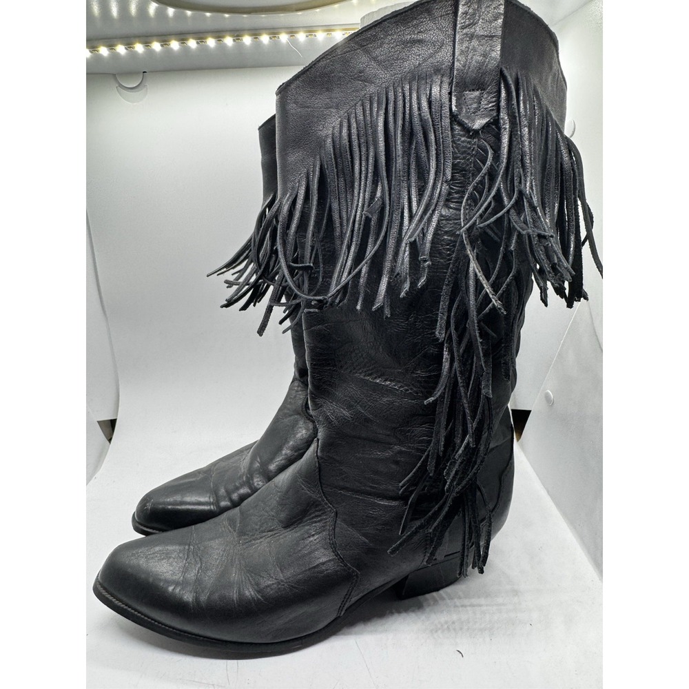 Vintage Dingo Black Leather Fringe Western Boots Cowboy Boho Festival 8 EUC SB21